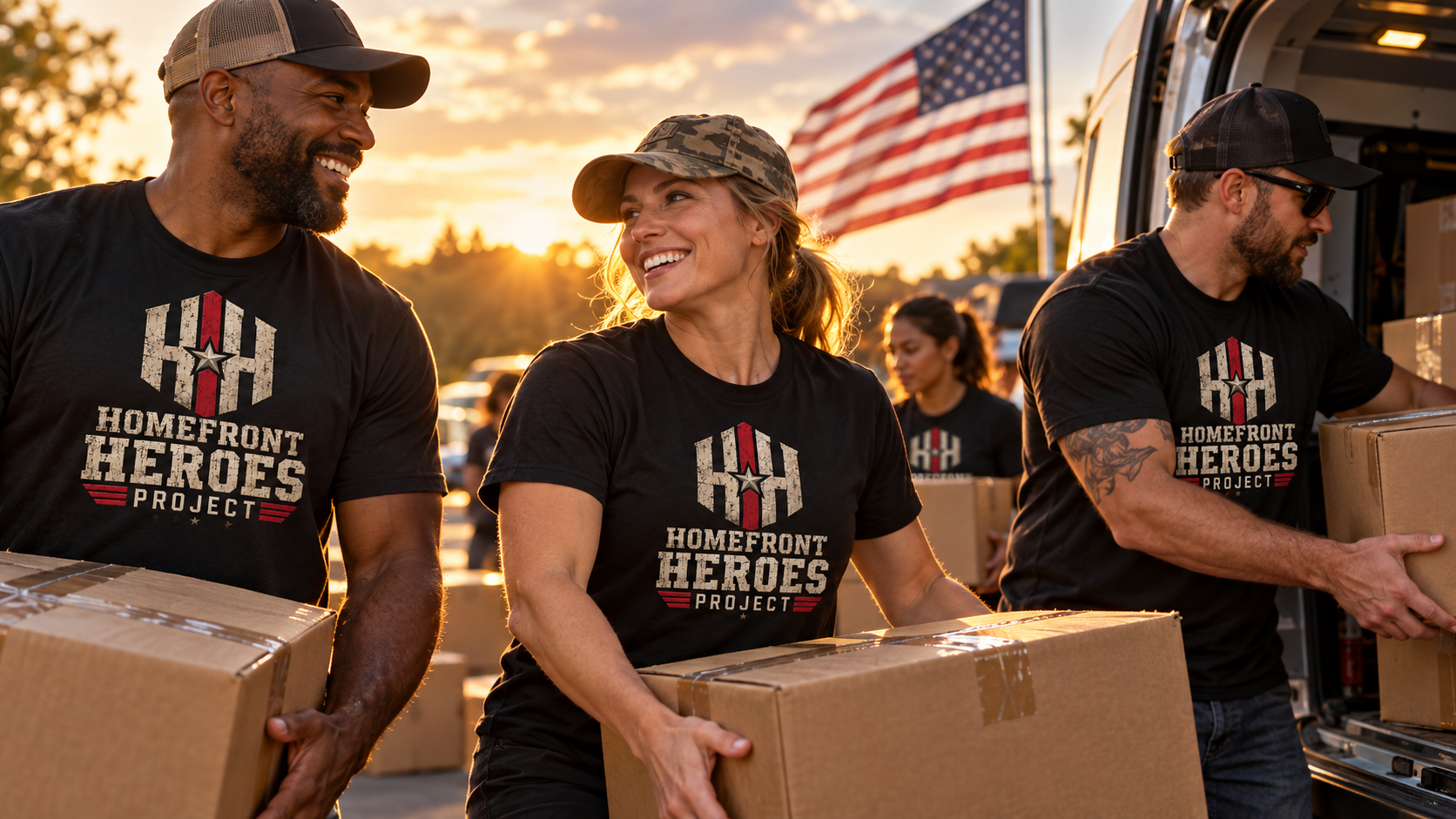 Volunteers carrying boxes during a community drive