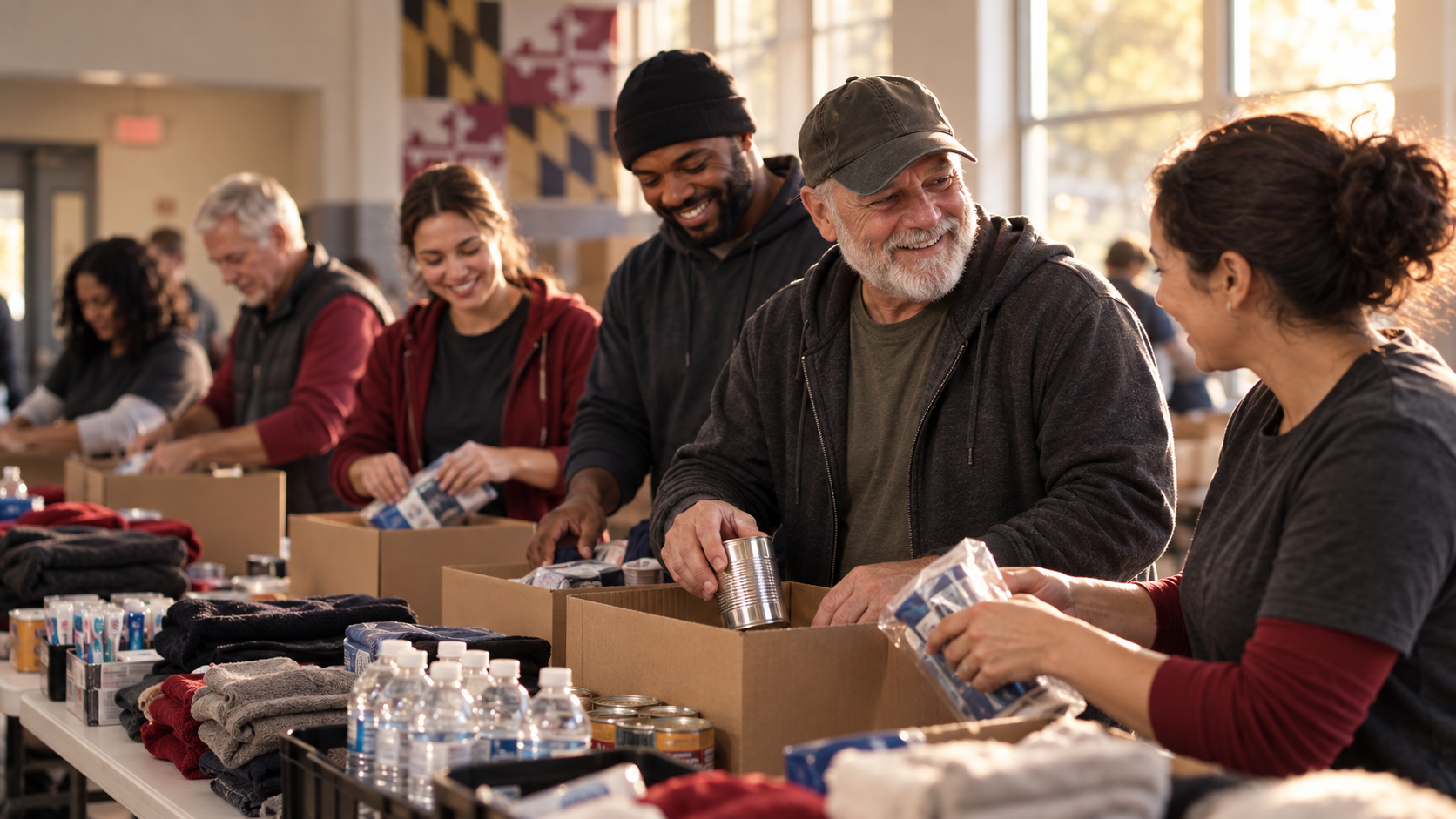 Volunteers organizing boxes of supplies