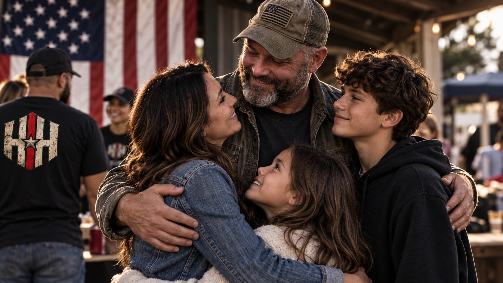 A family embracing at a community event