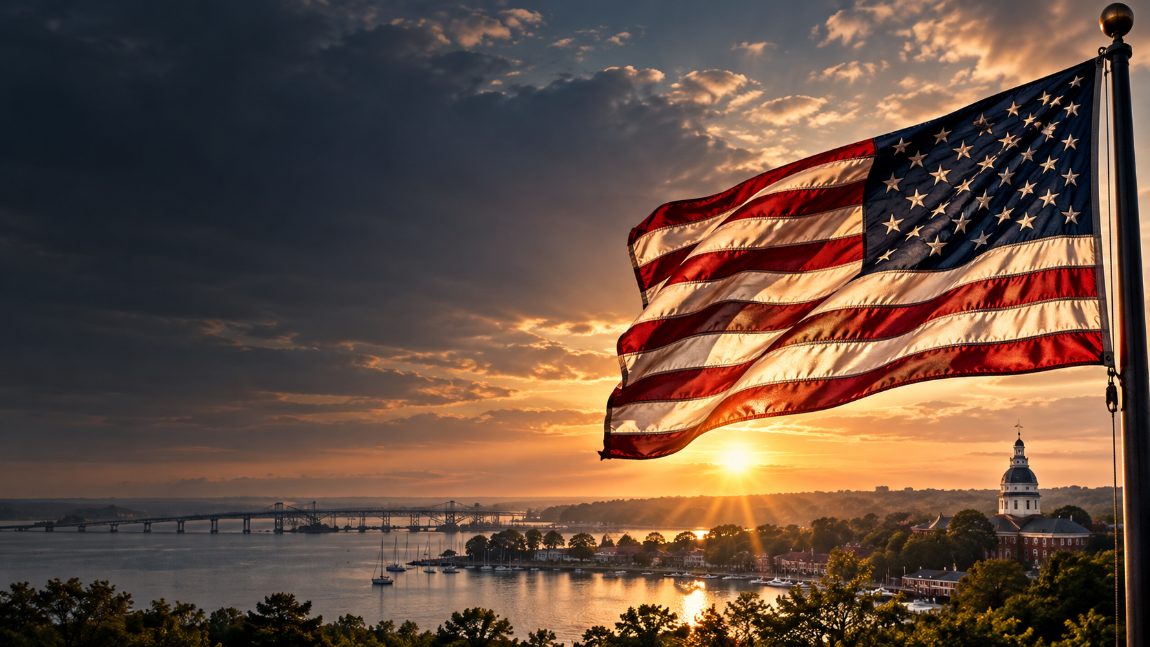 American flag waving at sunset over water
